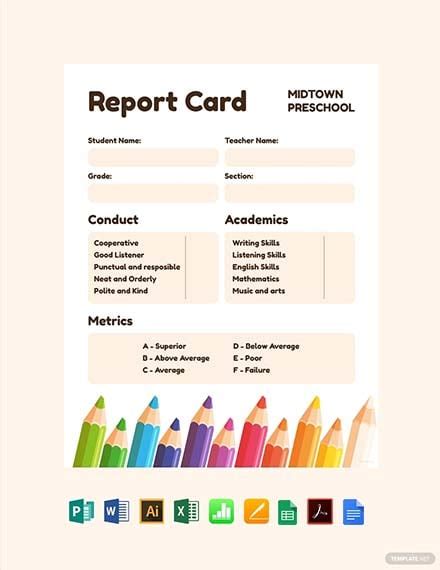 Preschool Progress Report Card Template Illustrator Excel Word
