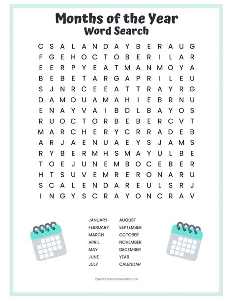 Months Of The Year Word Search Free Printable For Kids