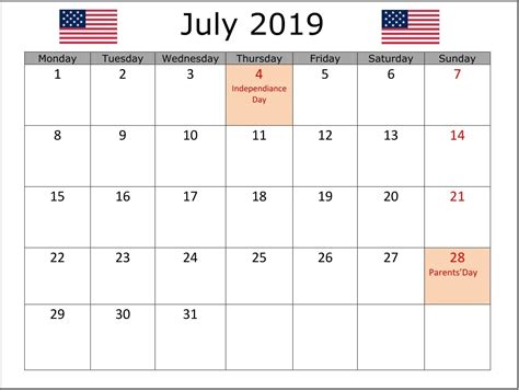 July 2019 Calendar Usa Holiday Calendar Us Holiday Calendar Holiday
