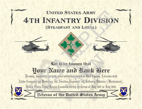 4th Infantry Division M Unit Affiliation Certificate Etsy