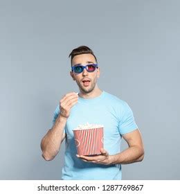 Emotional Man D Glasses Popcorn During Stock Photo