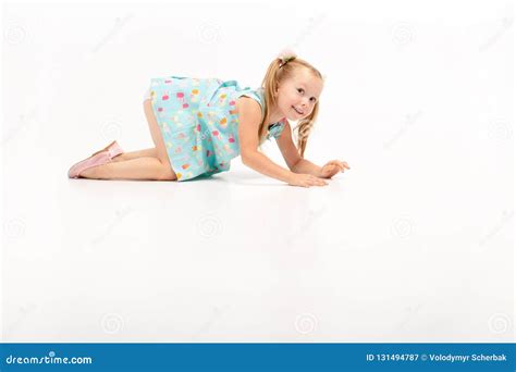Cute Beautiful Little Blonde Girl Crawls On Her Knees She Rests With Their Stock Image Image
