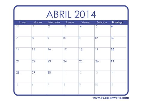 Calendario Abril 2014 Calendarios Para Imprimir