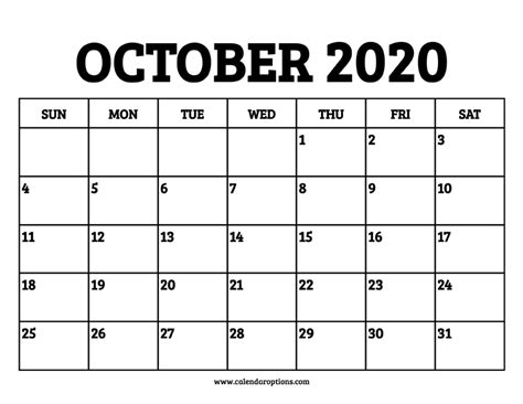 Whether you're looking for a printable blank calendar or you need a calendar with holidays to print, you can download it for free from here. October 2020 Calendar Printable - Calendar Options
