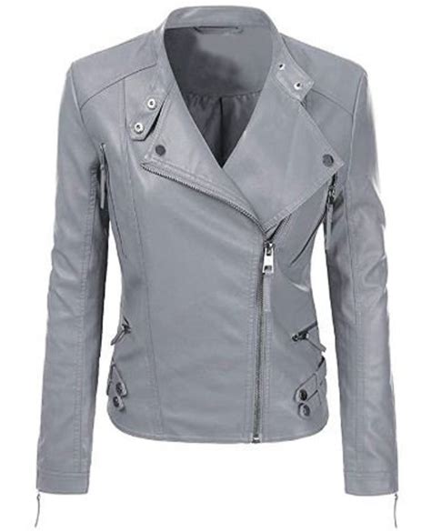 Women Motorcycle Moto Biker Gray Slim Fit Stylish Lamb Leather Jacket