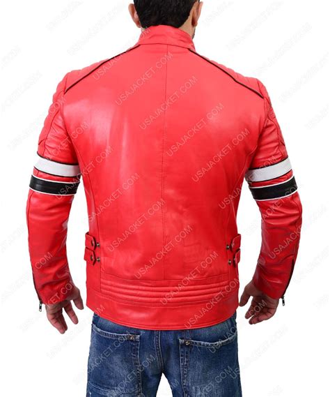Striped Detailed Café Racer Red Motorcycle Leather Jacket