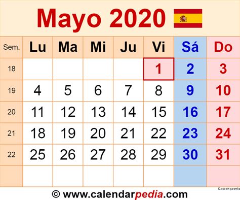 Calendario Mayo 2020 En Word Excel Y Pdf Calendarpedia