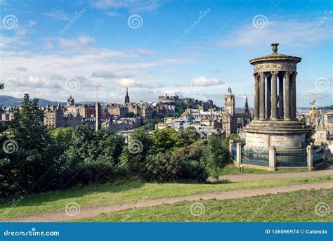 Dugald Stewart Monument On Calton Hill With A View On Edinburgh Stock