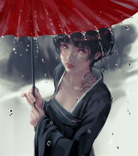 Wlop Fantasy Girl Cleavage Digital Art Rain Tattoo Ghostblade