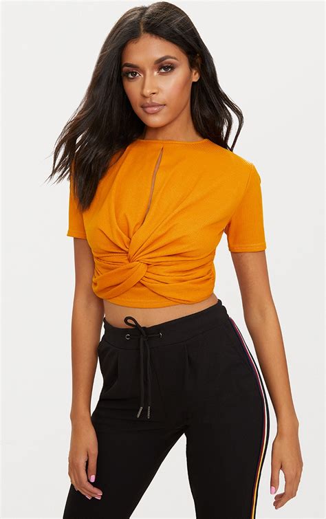 Mustard Rib Keyhole Knot Front Crop Top Prettylittlething Usa