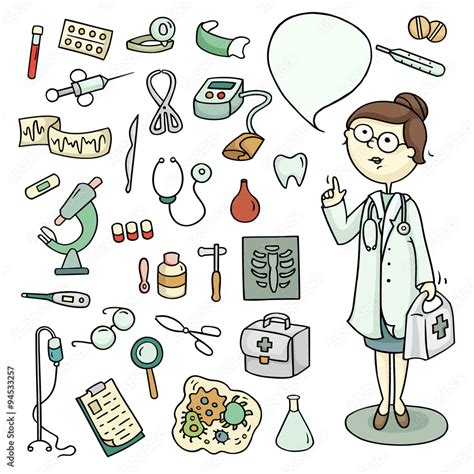 Cute Cartoon Set Of Doctor And Laboratory Equipments Medical