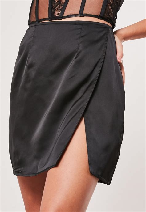 Black Satin Thigh High Slip Mini Skirt Missguided