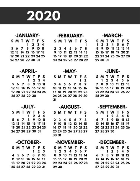 2020 Yearly Calendar Printable Printable Templates