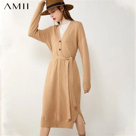 Amii Minimalism Autumn Women Cardigan Fashion Solid Vneck Belt Loose Knitted Women S Overcoat