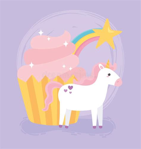 Cute Magical Unicorn Eating Sweet Cupcake In The Sky With Rainbow