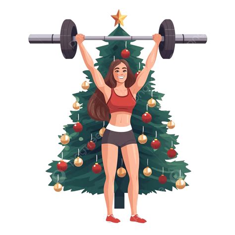 sporty girl raises weights at the gym near a decorated christmas tree sports and holiday fit
