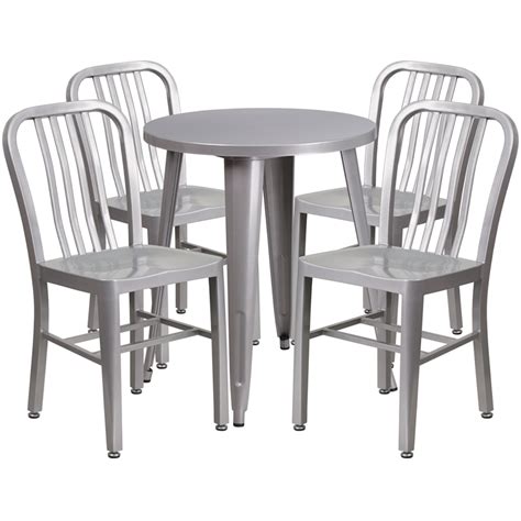 24 Round Silver Metal Indoor Outdoor Table Set With 4 Vertical Slat
