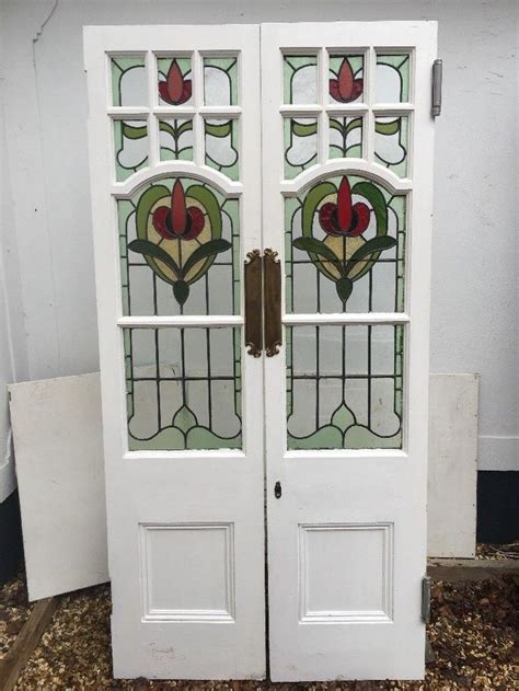Art Nouveau Stained Glass Doors Antique Period Reclaimed Old French Double Lead Stained Glass