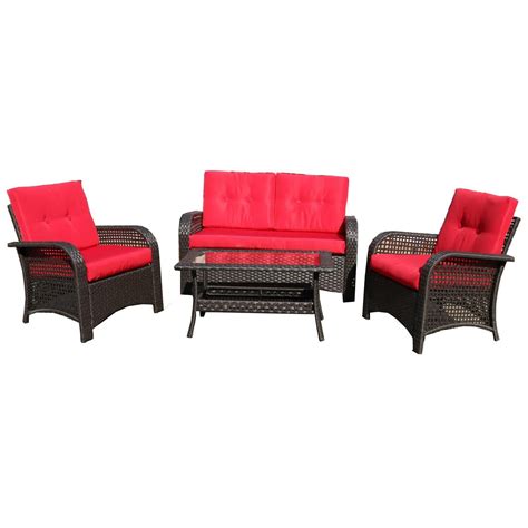 4 Piece Brown Resin Wicker Outdoor Patio Furniture Set Red Cushions