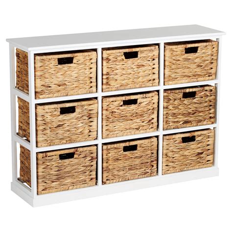 Hartleys 3x3 White Wood Home Storage Unit 9 Wicker Drawer Baskets Chest