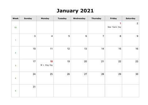 Print January 2021 Calendar Pdf Word Excel Portrait And Landscape Format