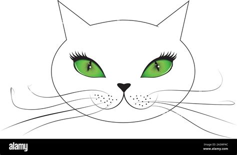 Abstract Cartoon White Cat Face With Green Eyes And Long Whiskers Stock