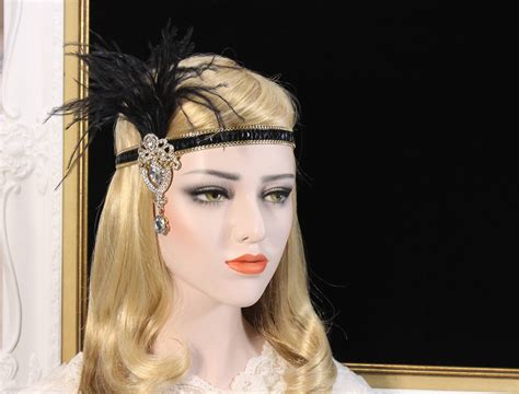 Gold S Bridal Flapper Headband Black Roaring S Feather Gatsby