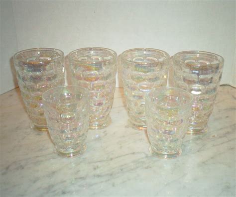 Set Of 6 Vintage Federal Glass Co Iridescent Rainbow Thumbprint Yorktown Colonial Tumblers