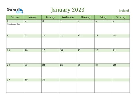 January 2023 Calendar With Ireland Holidays