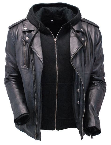 Mens Soft Black Leather Motorcycle Jacket Whoodie M6925vhgk Jamin