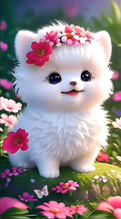 A Small White Dog Sitting On Top Of A Lush Green Field Filled With Pink