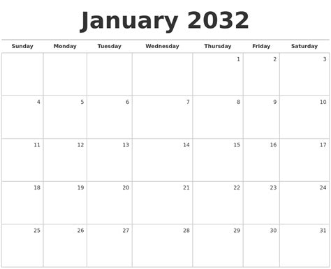 January 2032 Blank Monthly Calendar