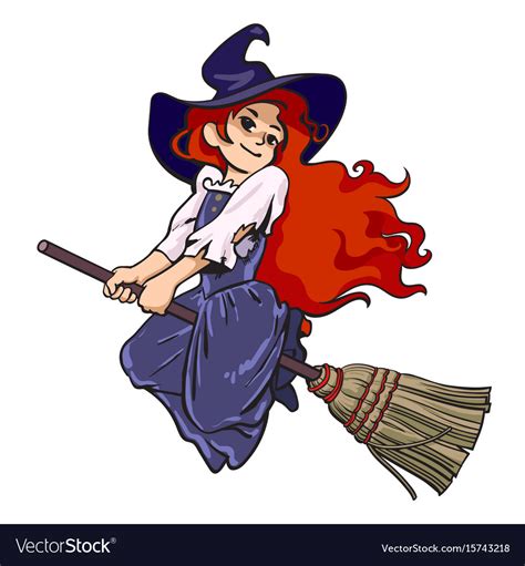 Cute Young Halloween Witch Flying On Broom Vector Image
