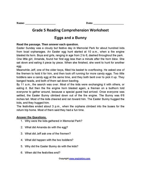 Eggs and a Bunny Fifth Grade Reading Worksheets | Reading comprehension