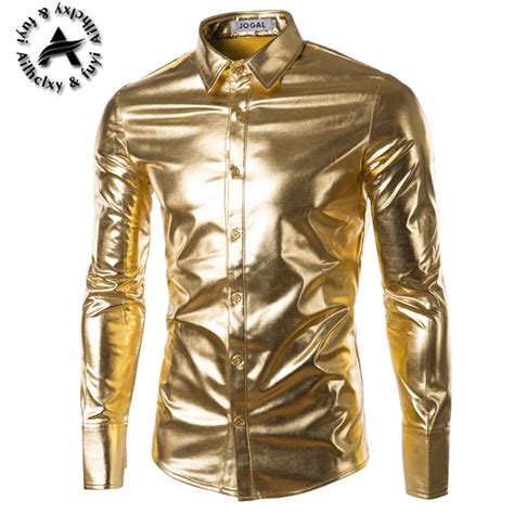 Night Club Men Dress Shirt Mens Shining Shirts Light Golden Festival