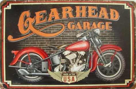 Gearhead Garage Vintage Tin Signs Gear Head Garage Motorcycle Shop