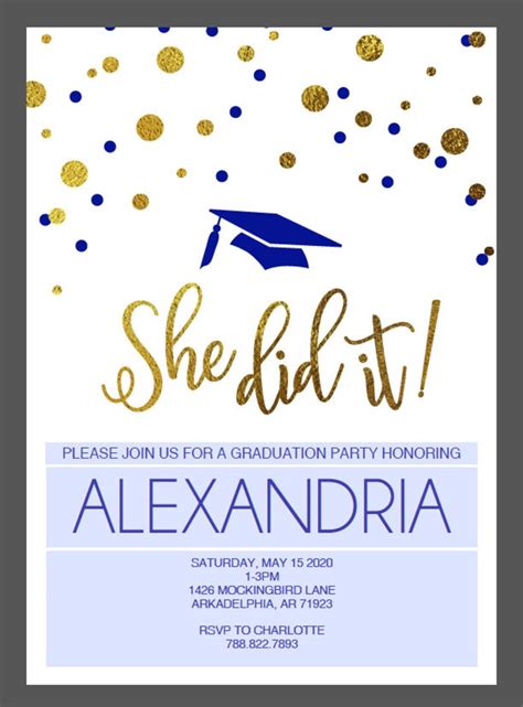 She Did It Graduation Invitation Royal Blue And Gold Instant Etsy