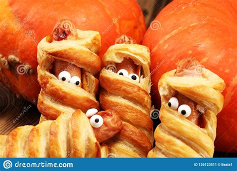Mummy Sausages Scary Halloween Party Food Decoration Wrapped In Stock