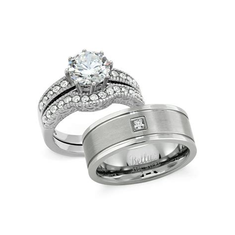 Bellux Style His And Hers Wedding Ring Set Stainless Steel 229 Carats Cubic Zirocnia Bridal