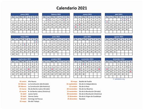 Calendario De México Del 2021 Con Los Días Festivos