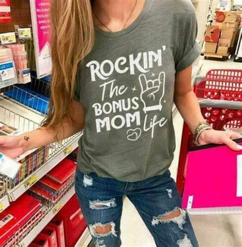 Rockin The Bonus Mom Life Ladies T Shirt Dark Heather Cotton S 3xl