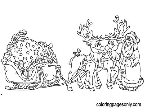 Santa Claus With Reindeer Sleigh And Big Bag Of Gifts Coloring Page