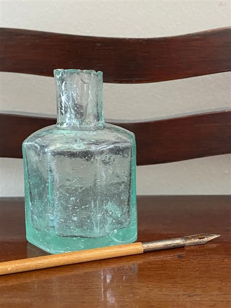 Antique Glass Ink Bottle Aqua Green Eight Sided Or Octagon Etsy