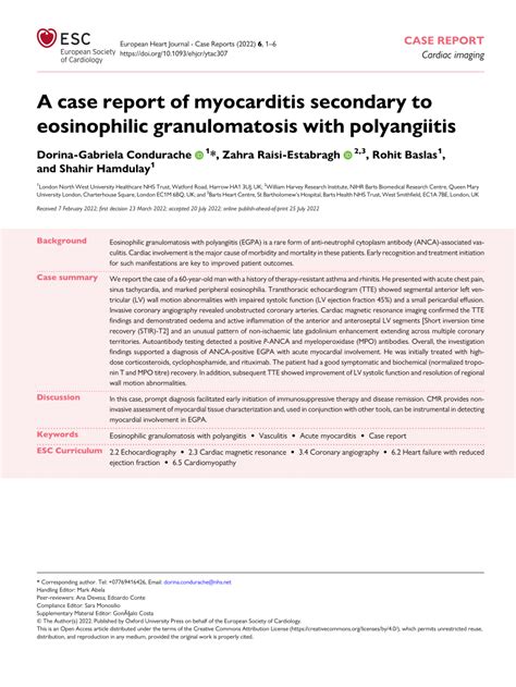 Pdf A Case Report Of Myocarditis Secondary To Eosinophilic