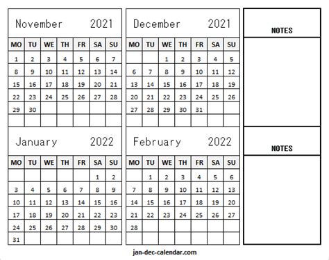 November 2021 To February 2022 Calendar Month 2021 Calendar Nov A4