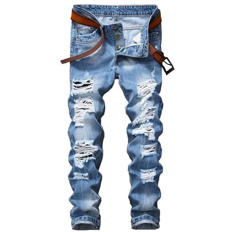 Newsosoo Brand Designer Mens Ripped Jeans Pants Slim Fit Light Blue Denim Joggers Male