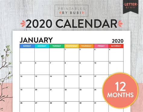 Printable Monthly Calendar 2020 Calendar Printable 2020 Wall Etsy