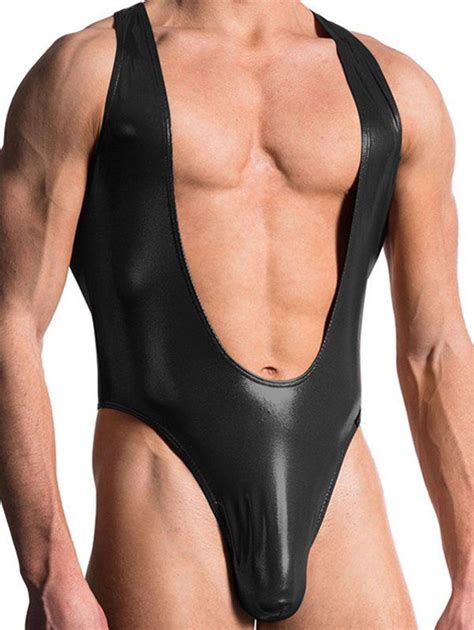 28 Off 2021 Sexy Faux Leather Wrestling Singlets Jockstrap Bodysuit In Black Dresslily