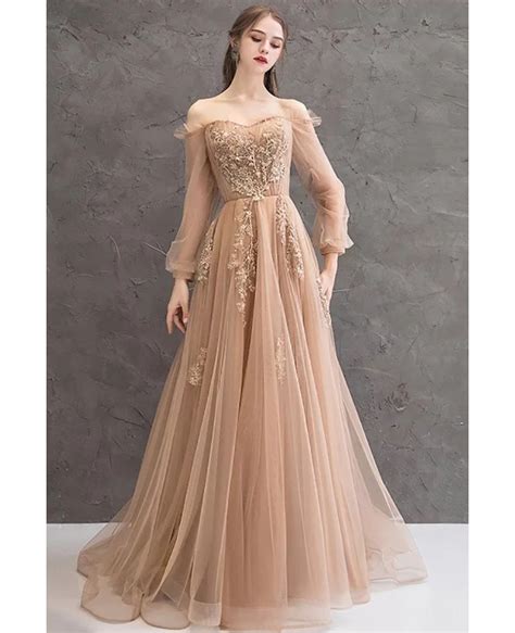 Off Shoulder Long Sleeve Prom Dress Champagne Tulle With Appliques Dm69036