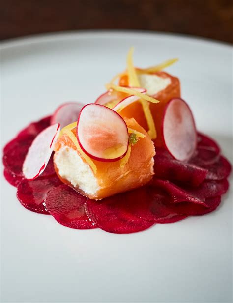Smoked Salmon With Goats Cheese Lemon Mousse And Beetroot Carpaccio